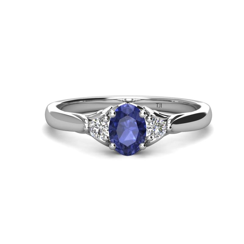 Gianna 7x5 mm Oval Shape Iolite and Round Lab Grown Diamond Three Stone Engagement Ring 