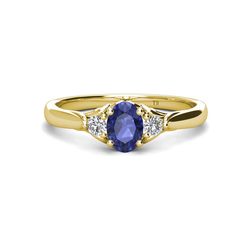 Gianna 7x5 mm Oval Shape Iolite and Round Lab Grown Diamond Three Stone Engagement Ring 