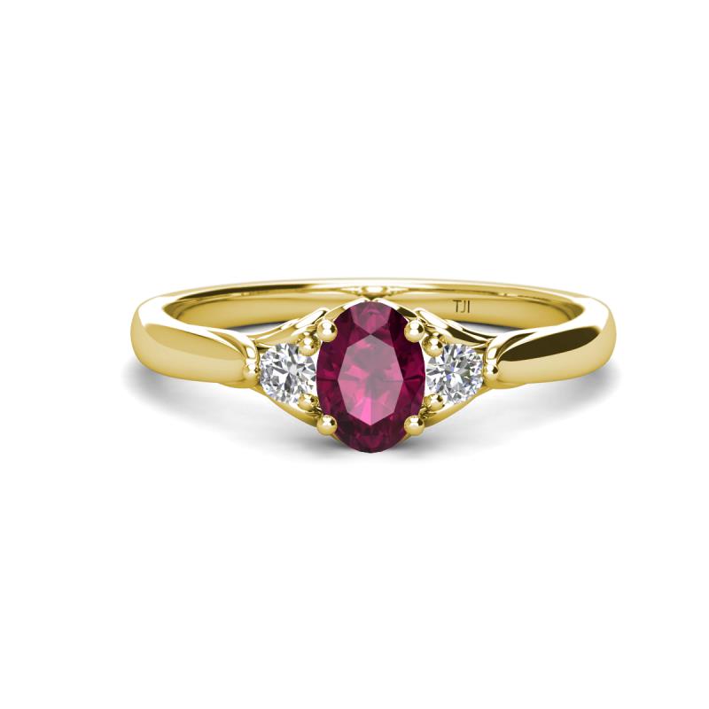 Gianna 7x5 mm Oval Shape Rhodolite Garnet and Round Lab Grown Diamond Three Stone Engagement Ring 