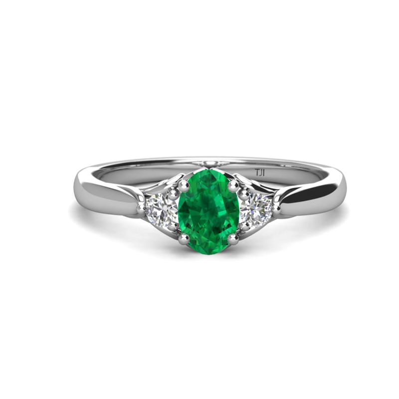 Gianna 7x5 mm Oval Shape Emerald and Round Lab Grown Diamond Three Stone Engagement Ring 