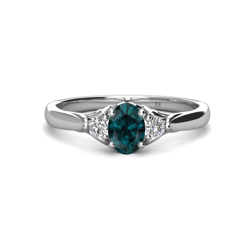 Gianna 7x5 mm Oval Shape London Blue Topaz and Round Lab Grown Diamond Three Stone Engagement Ring 