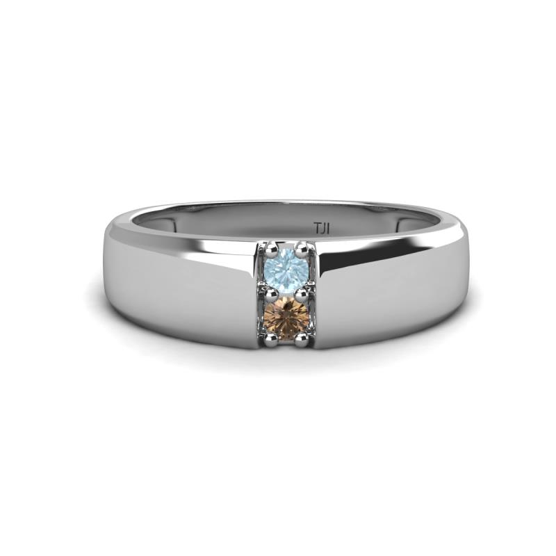 Ethan 3.00 mm Round Aquamarine and Smoky Quartz 2 Stone Men Wedding Ring 