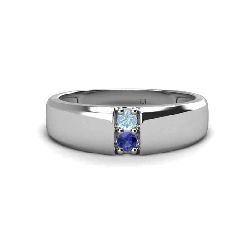 Ethan 3.00 mm Round Aquamarine and Iolite 2 Stone Men Wedding Ring 