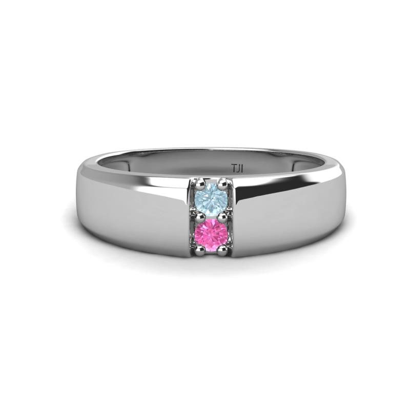 Ethan 3.00 mm Round Aquamarine and Pink Sapphire 2 Stone Men Wedding Ring 