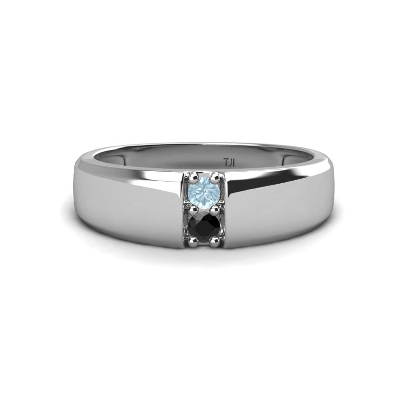 Ethan 3.00 mm Round Aquamarine and Black Diamond 2 Stone Men Wedding Ring 
