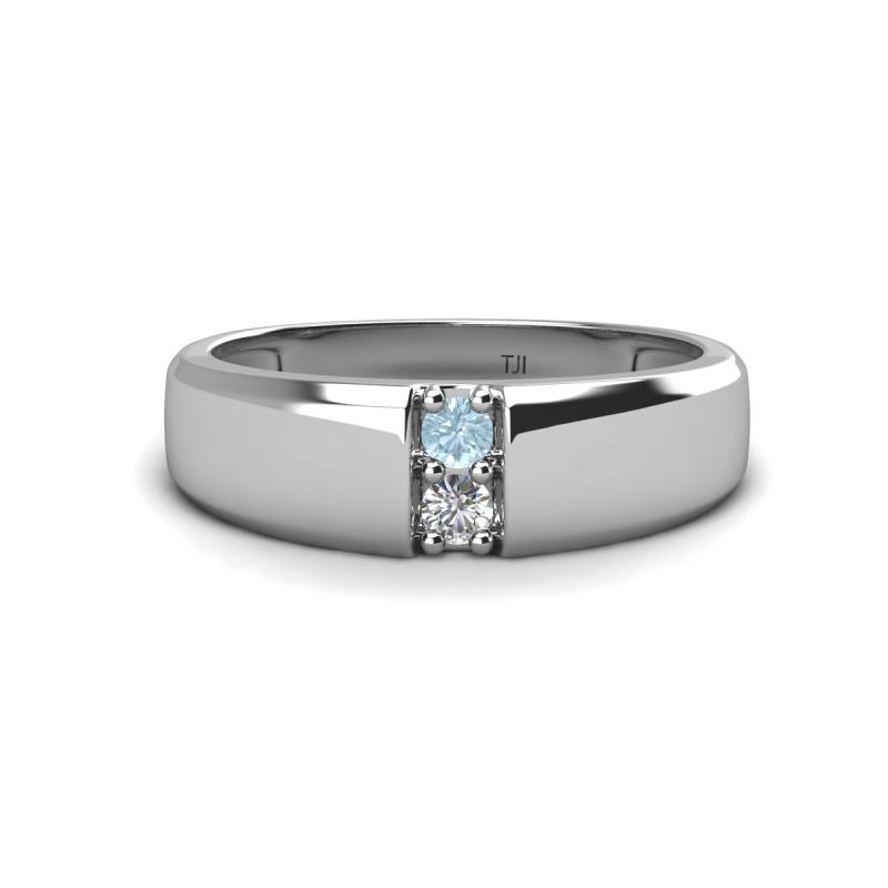 Ethan 3.00 mm Round Aquamarine and Forever Brilliant Moissanite 2 Stone Men Wedding Ring 