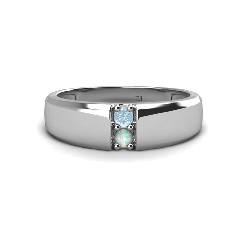 Ethan 3.00 mm Round Aquamarine and Opal 2 Stone Men Wedding Ring 