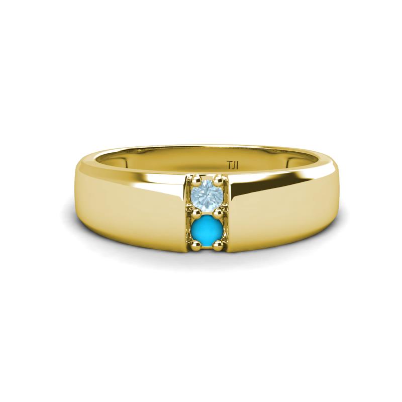 Ethan 3.00 mm Round Aquamarine and Turquoise 2 Stone Men Wedding Ring 