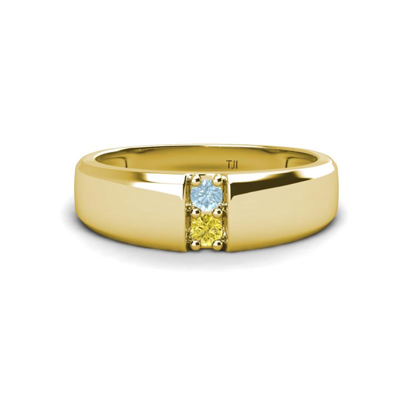 Ethan 3.00 mm Round Aquamarine and Yellow Diamond 2 Stone Men Wedding Ring 