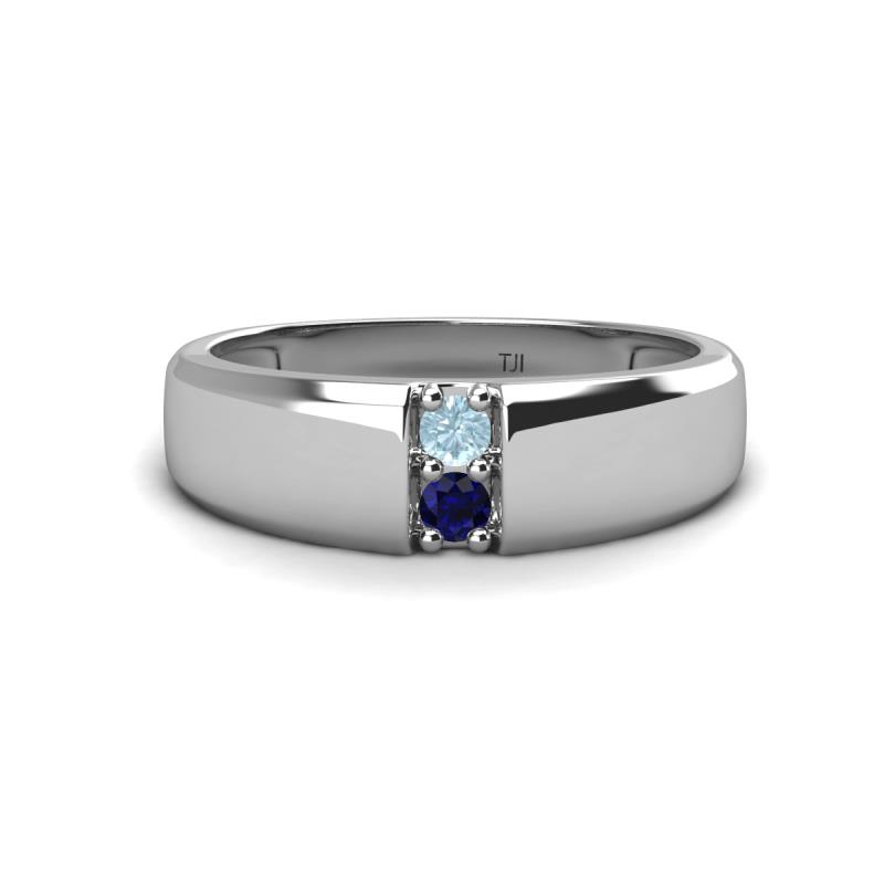 Ethan 3.00 mm Round Aquamarine and Blue Sapphire 2 Stone Men Wedding Ring 