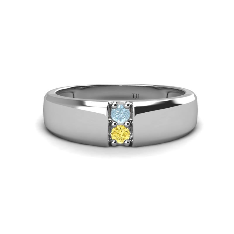 Ethan 3.00 mm Round Aquamarine and Yellow Sapphire 2 Stone Men Wedding Ring 