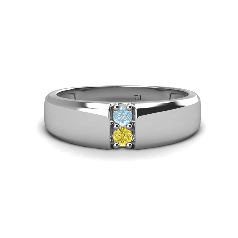 Ethan 3.00 mm Round Aquamarine and Yellow Diamond 2 Stone Men Wedding Ring 