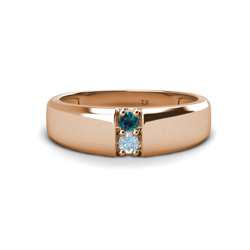 Ethan 3.00 mm Round Blue Diamond and Aquamarine 2 Stone Men Wedding Ring 