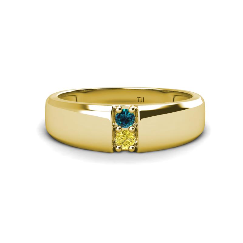 Ethan 3.00 mm Round Blue Diamond and Yellow Diamond 2 Stone Men Wedding Ring 