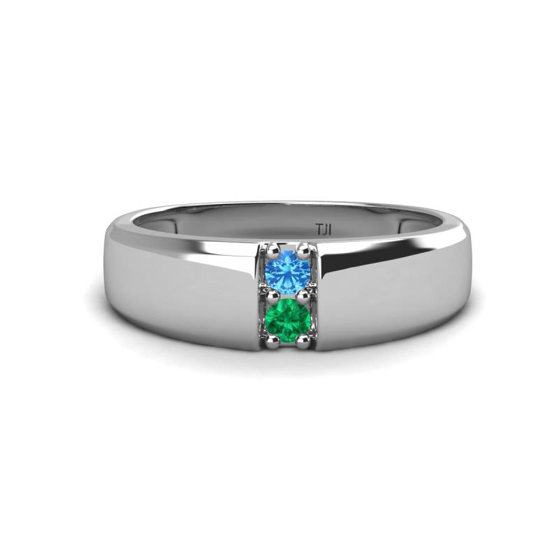 Ethan 3.00 mm Round Blue Topaz and Emerald 2 Stone Men Wedding Ring 