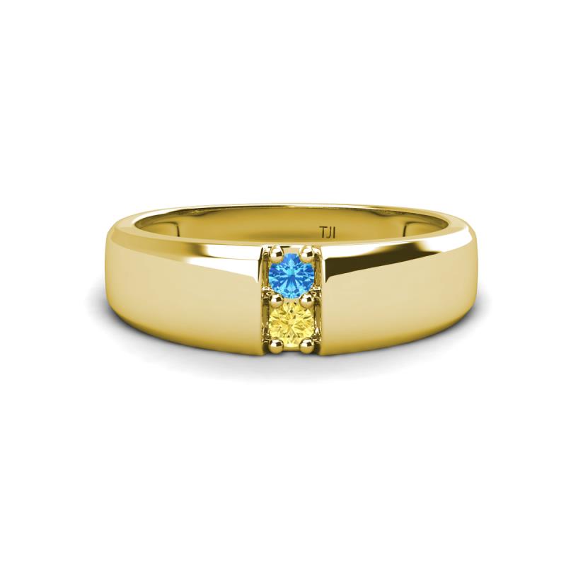 Ethan 3.00 mm Round Blue Topaz and Yellow Sapphire 2 Stone Men Wedding Ring 