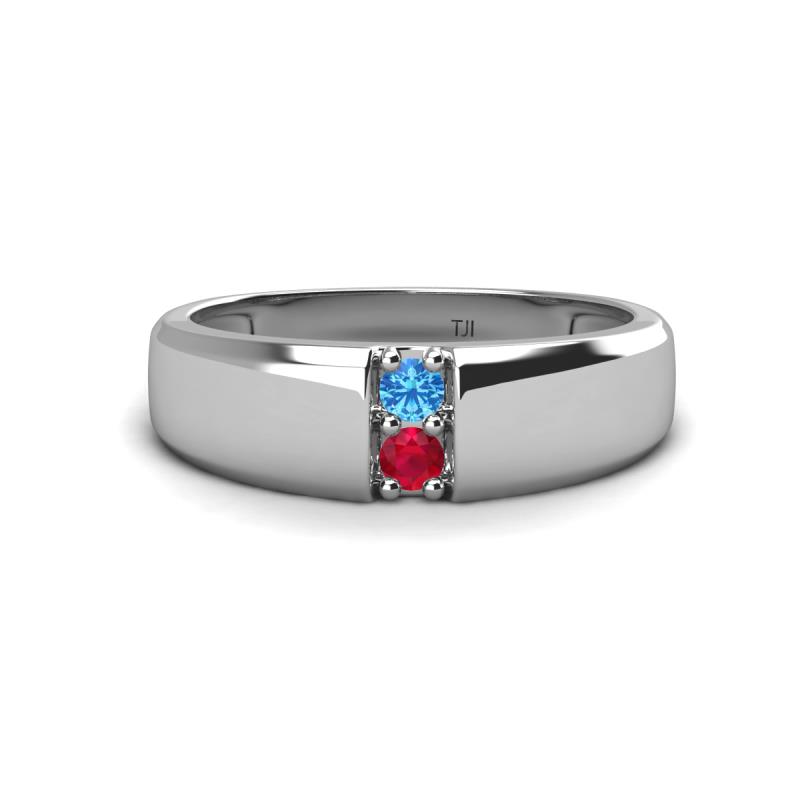 Ethan 3.00 mm Round Blue Topaz and Ruby 2 Stone Men Wedding Ring 