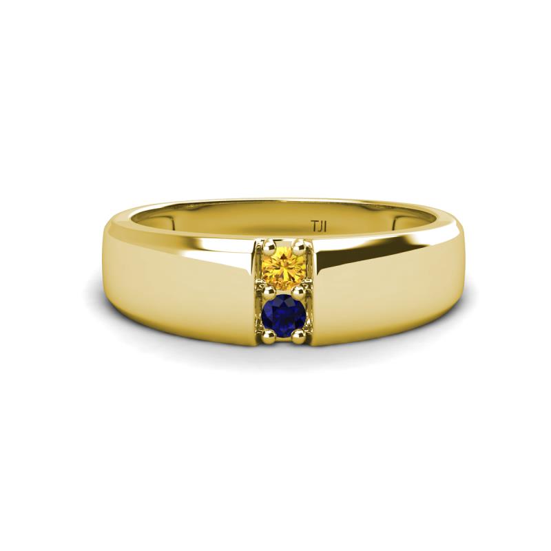 Ethan 3.00 mm Round Citrine and Blue Sapphire 2 Stone Men Wedding Ring 