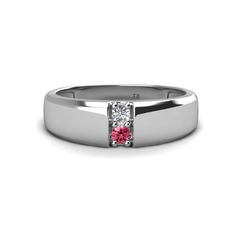 Ethan 0.18 ctw (3.00 mm) Round Natural Diamond and Pink Tourmaline 2 Stone Men Wedding Ring 