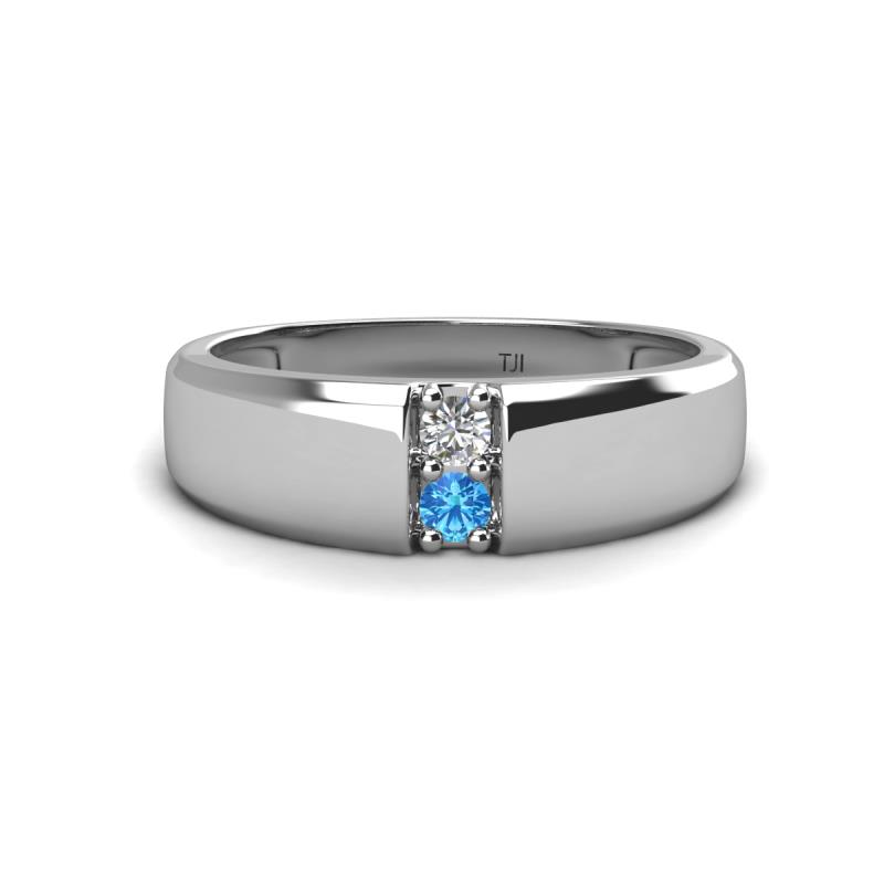 Ethan 0.19 ctw (3.00 mm) Round Natural Diamond and Blue Topaz 2 Stone Men Wedding Ring 