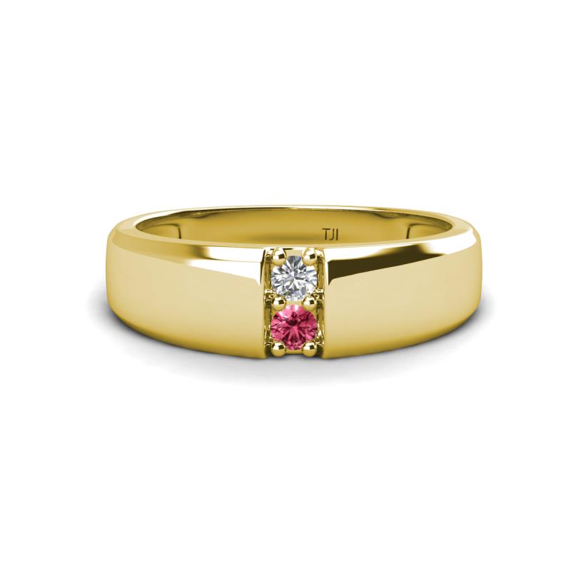 Ethan 0.18 ctw (3.00 mm) Round Natural Diamond and Pink Tourmaline 2 Stone Men Wedding Ring 
