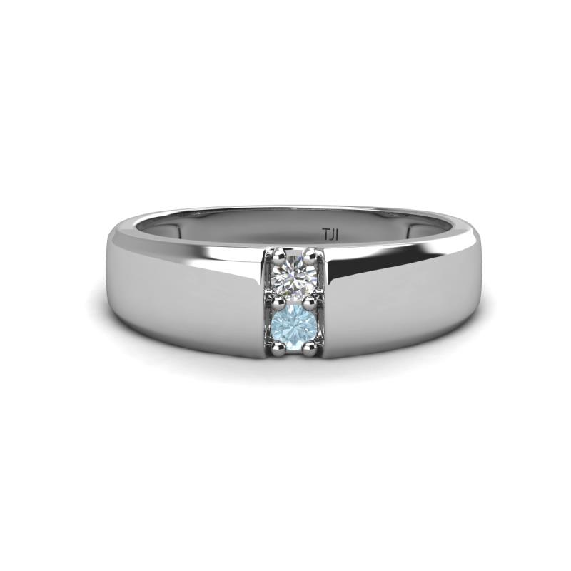 Ethan 0.18 ctw (3.00 mm) Round Natural Diamond and Aquamarine 2 Stone Men Wedding Ring 