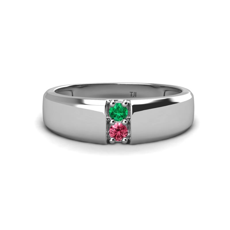 Ethan 3.00 mm Round Emerald and Pink Tourmaline 2 Stone Men Wedding Ring 