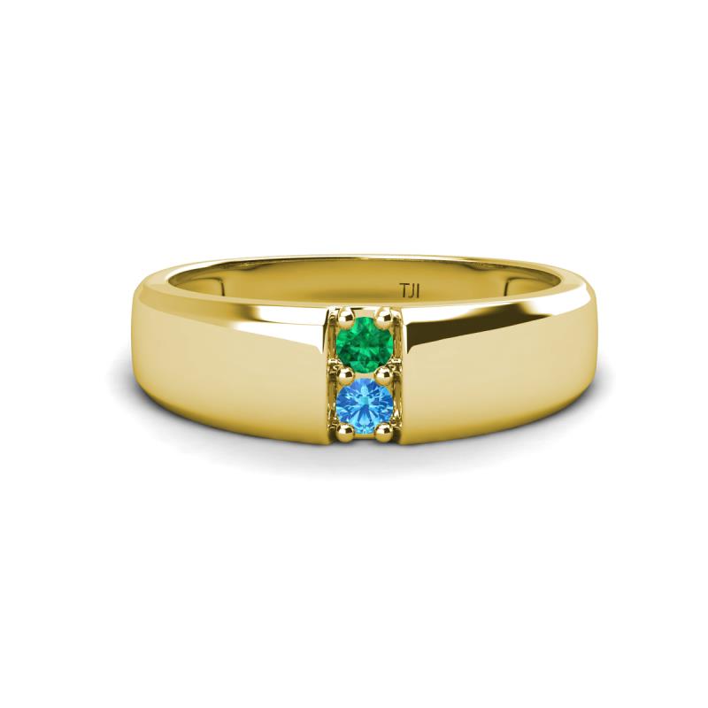 Ethan 3.00 mm Round Emerald and Blue Topaz 2 Stone Men Wedding Ring 
