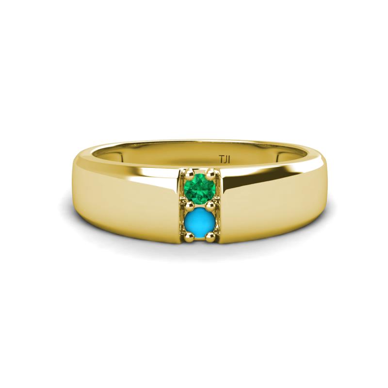 Ethan 3.00 mm Round Emerald and Turquoise 2 Stone Men Wedding Ring 