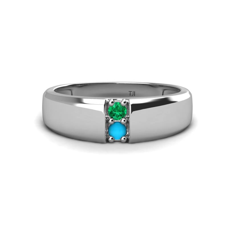 Ethan 3.00 mm Round Emerald and Turquoise 2 Stone Men Wedding Ring 