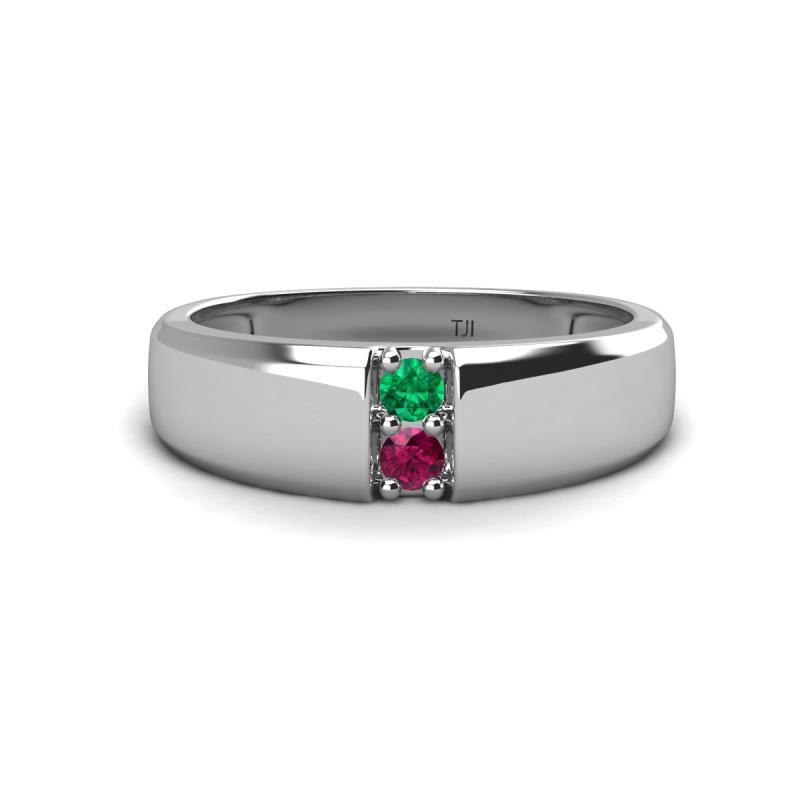 Ethan 3.00 mm Round Emerald and Rhodolite Garnet 2 Stone Men Wedding Ring 