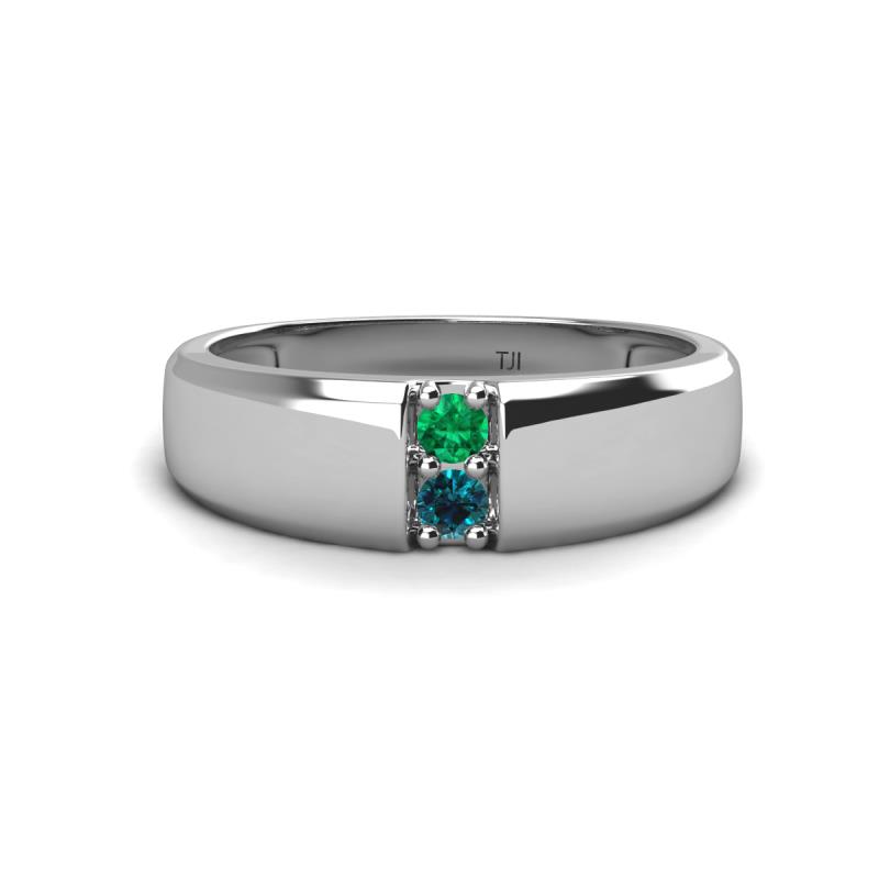 Ethan 3.00 mm Round Emerald and Blue Diamond 2 Stone Men Wedding Ring 