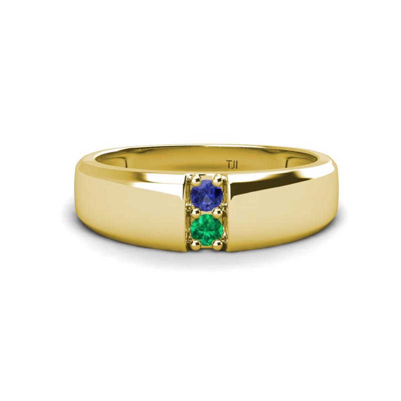 Ethan 3.00 mm Round Iolite and Emerald 2 Stone Men Wedding Ring 