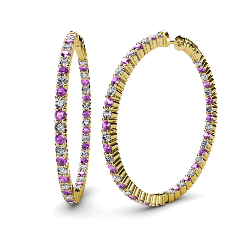 Carisa Amethyst and Diamond Hoop Earrings Round Amethyst and Diamond ctw Common Prong Inside Out Womens Hoop Earrings K Yellow Gold