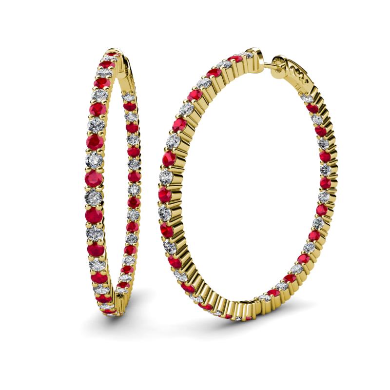 Carisa 6.24 ctw (2.70 mm) Inside Outside Round Ruby and Natural Diamond Eternity Hoop Earrings 