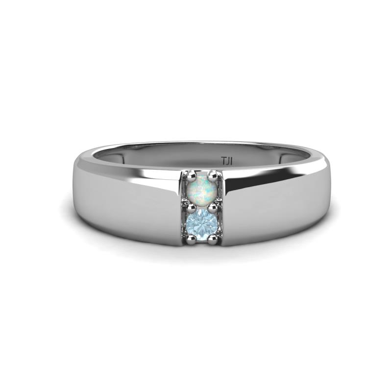 Ethan 3.00 mm Round Opal and Aquamarine 2 Stone Men Wedding Ring 
