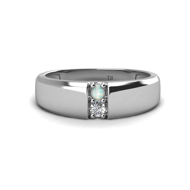 Ethan 3.00 mm Round Opal and Diamond 2 Stone Men Wedding Ring 