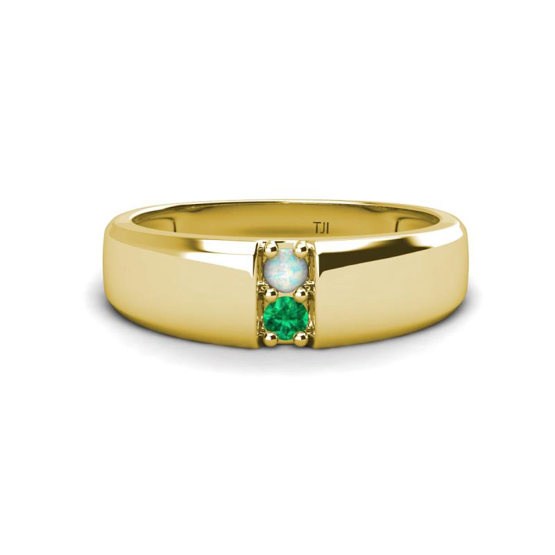 Ethan 3.00 mm Round Opal and Emerald 2 Stone Men Wedding Ring 
