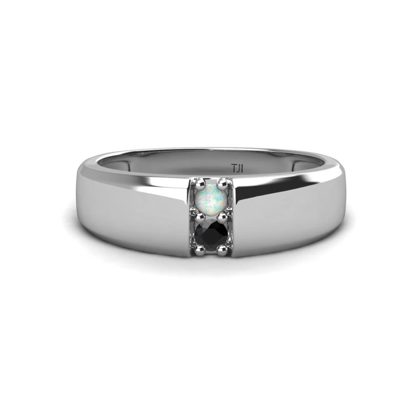 Ethan 3.00 mm Round Opal and Black Diamond 2 Stone Men Wedding Ring 
