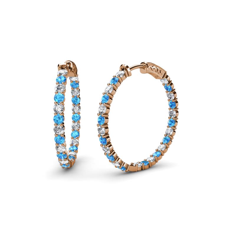 Carisa 1.80 ctw (2.30 mm) Inside Outside Round Blue Topaz and Natural Diamond Eternity Hoop Earrings 
