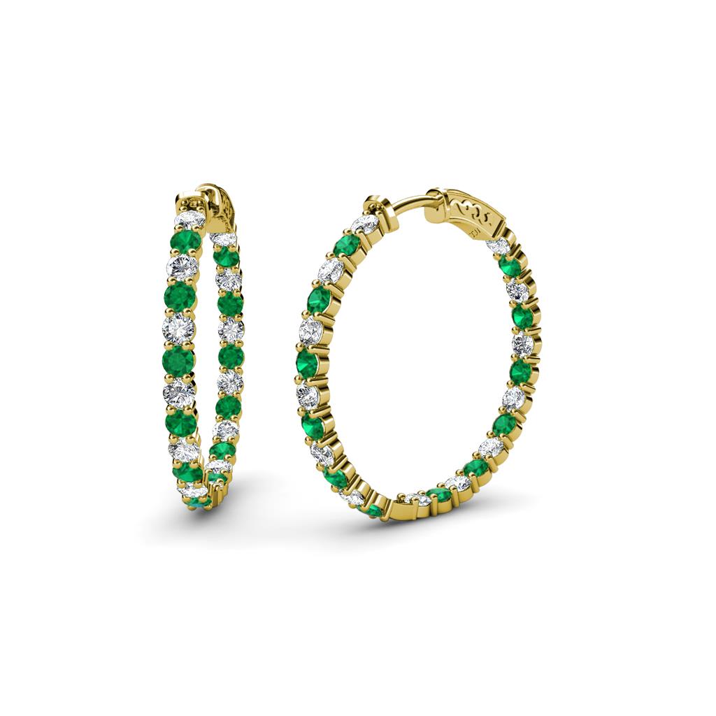 Carisa 1.50 ctw (2.30 mm) Inside Outside Round Emerald and Natural Diamond Eternity Hoop Earrings 