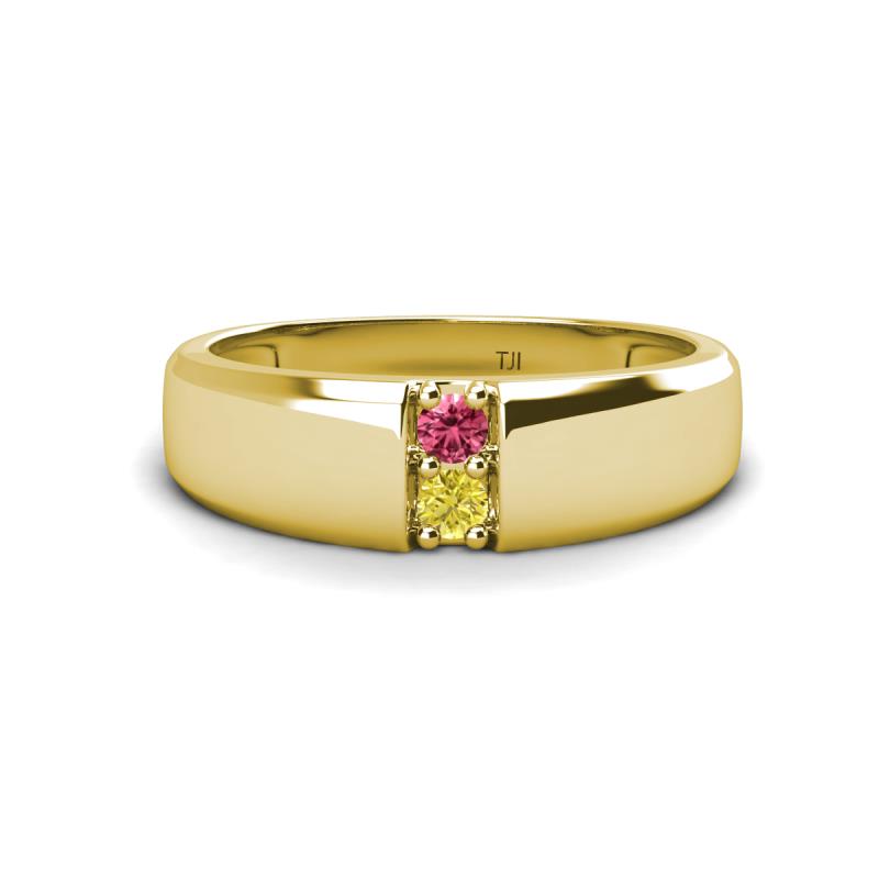 Ethan 3.00 mm Round Rhodolite Garnet and Yellow Diamond 2 Stone Men Wedding Ring 