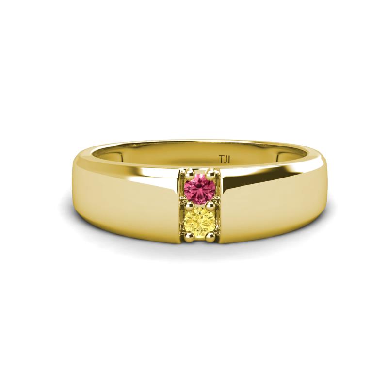 Ethan 3.00 mm Round Rhodolite Garnet and Yellow Sapphire 2 Stone Men Wedding Ring 