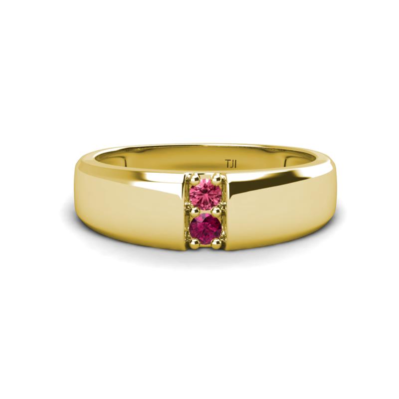 Ethan 3.00 mm Round Pink Tourmaline and Rhodolite Garnet 2 Stone Men Wedding Ring 