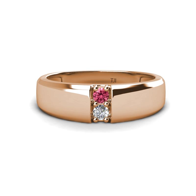 Ethan 3.00 mm Round Pink Tourmaline and Lab Grown Diamond 2 Stone Men Wedding Ring 