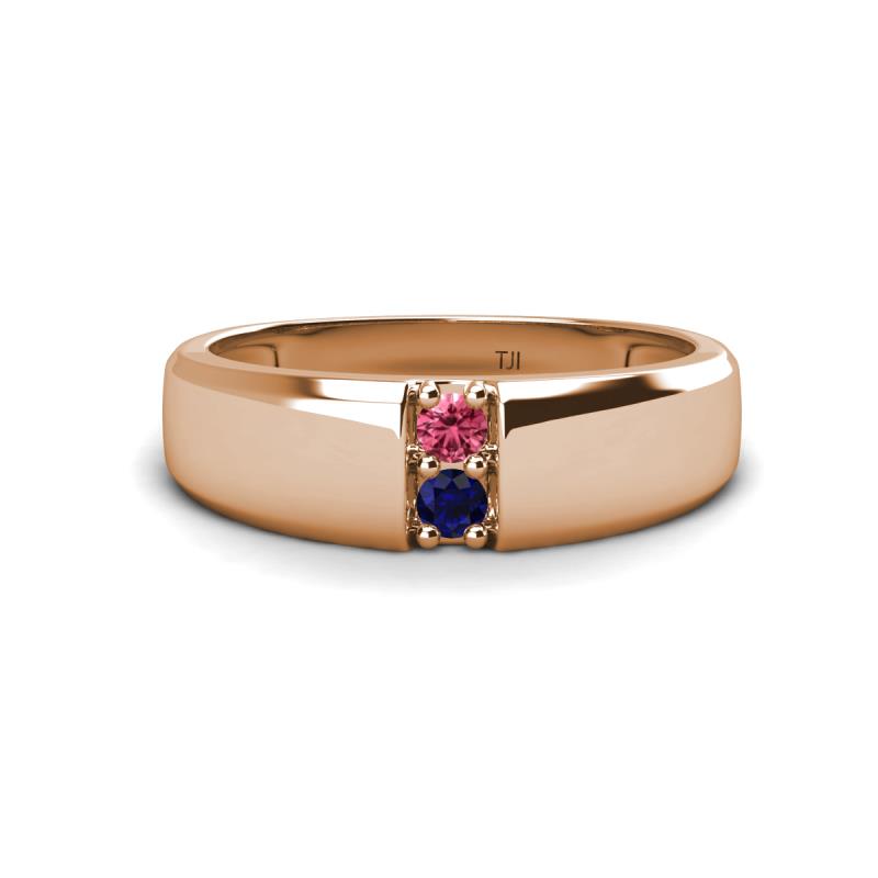 Ethan 3.00 mm Round Pink Tourmaline and Blue Sapphire 2 Stone Men Wedding Ring 