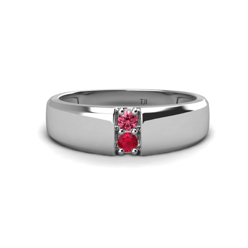 Ethan 3.00 mm Round Pink Tourmaline and Ruby 2 Stone Men Wedding Ring 