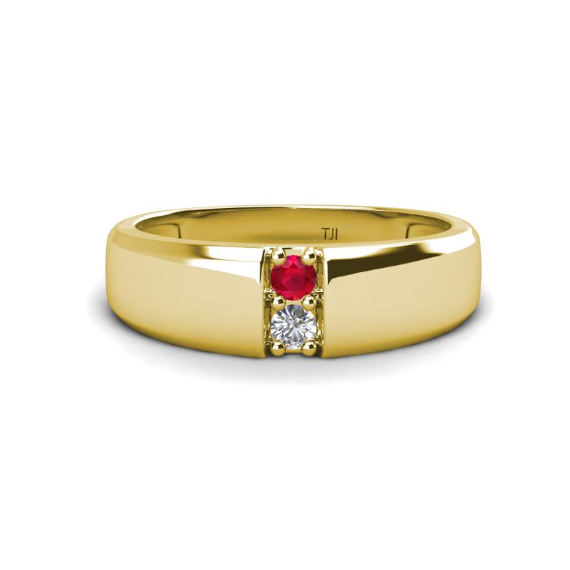 Ethan 3.00 mm Round Ruby and Diamond 2 Stone Men Wedding Ring 