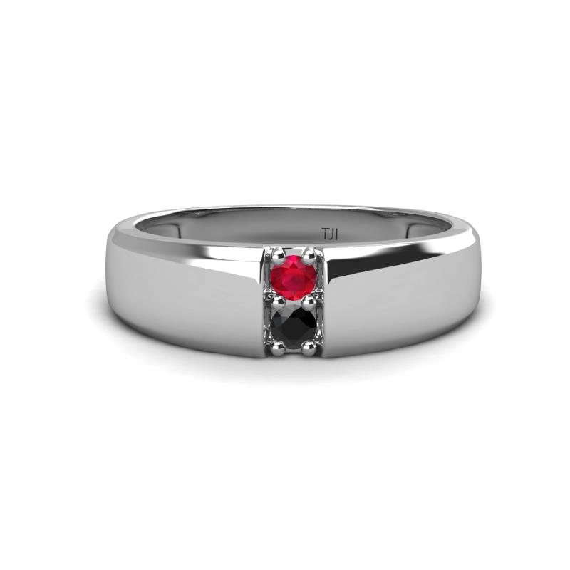 Ethan 3.00 mm Round Ruby and Black Diamond 2 Stone Men Wedding Ring 