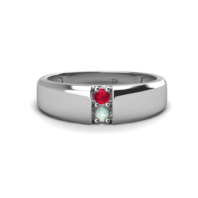 Ethan 3.00 mm Round Ruby and Opal 2 Stone Men Wedding Ring 
